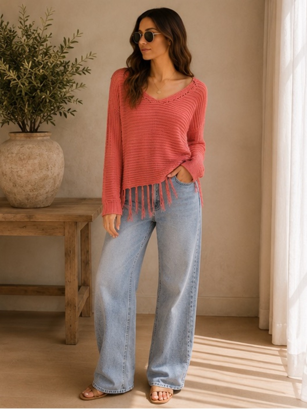 ShopEvelynne Coral Fringe Hem Sweater